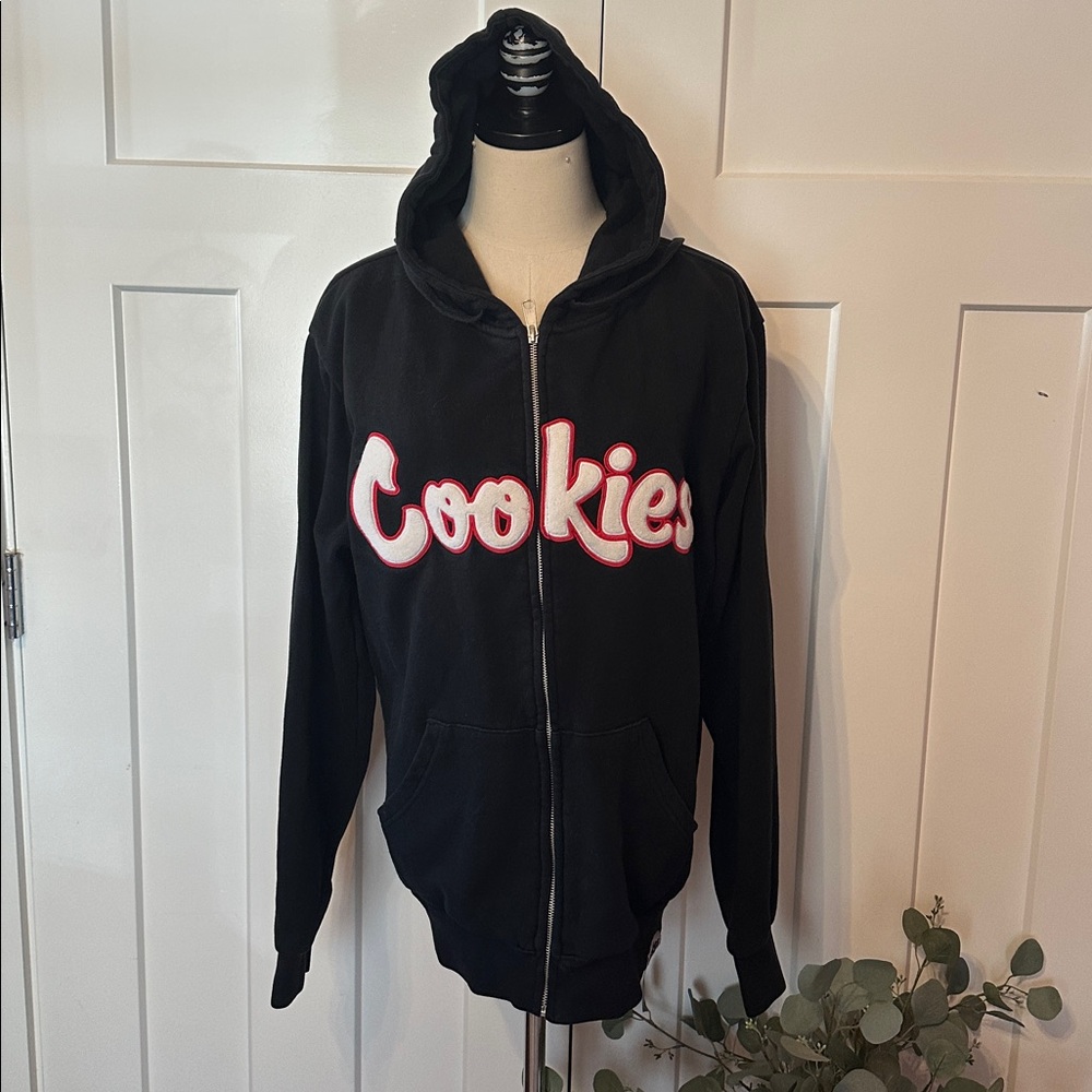 Cookies black original chenille appliqué zip front pockets M sweatshirt hoodie - Picture 6 of 16